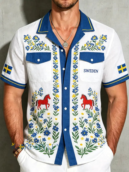 Herrskjorta i bomull-linne med midsommarblommönster - A / S