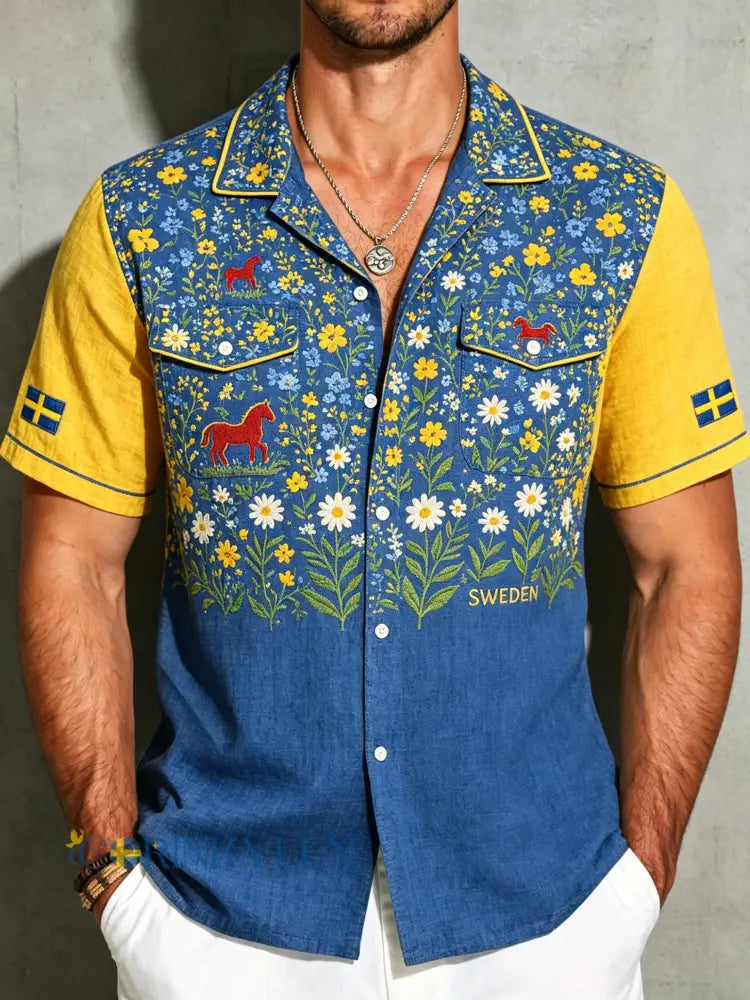 Herrskjorta i bomull-linne med midsommarblommönster - A / S