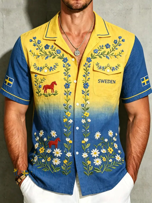 Herrskjorta i bomull-linne med midsommarblommönster - A / S
