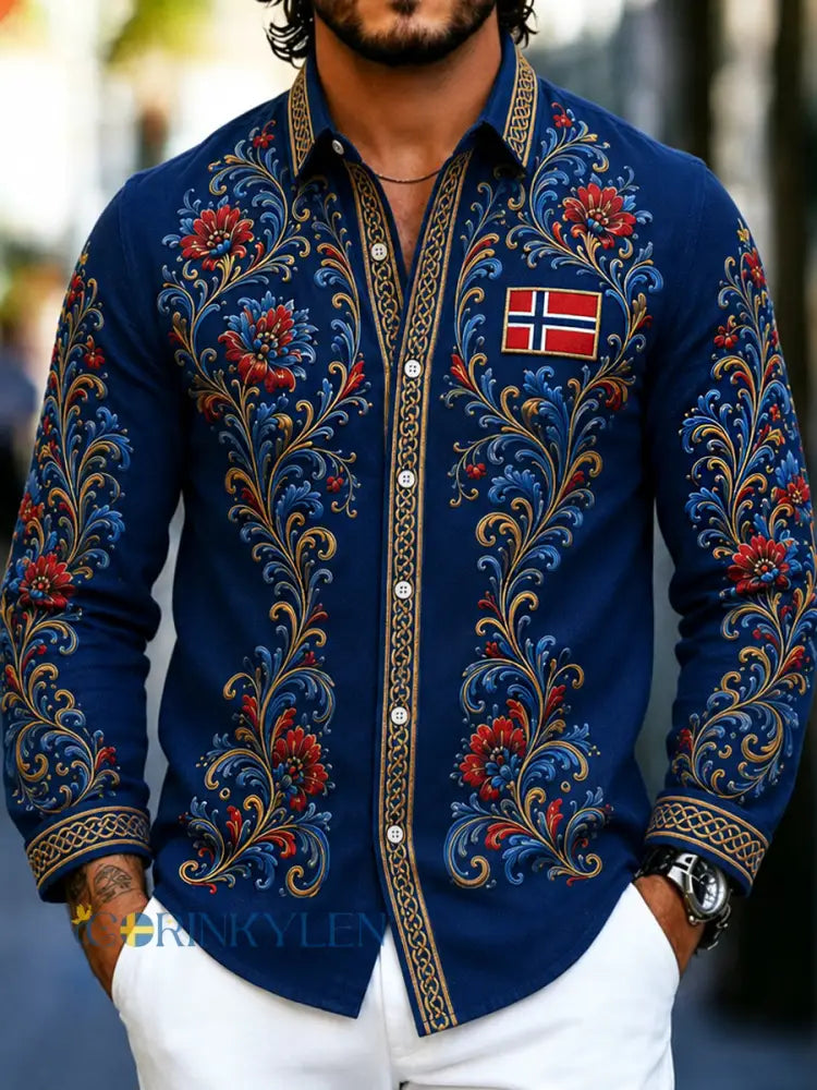 Herrskjorta i retro nordisk stil med norsk konsttryck avslappnad modell i bomull och lin - A / S