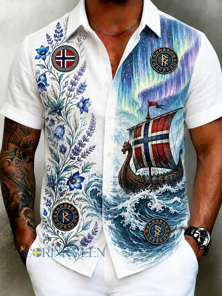 Herrskjorta i retro nordisk stil med norsk konsttryck avslappnad modell i bomull och lin - A / S
