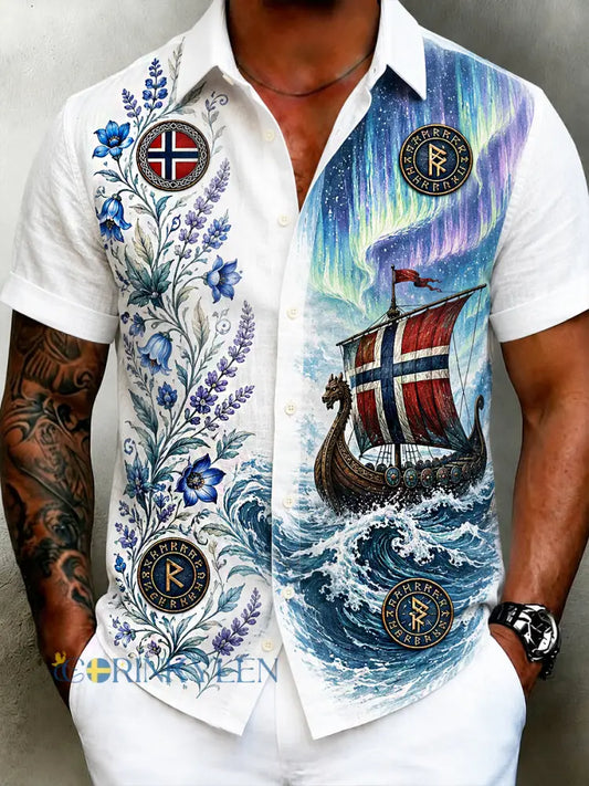 Herrskjorta i retro nordisk stil med norsk konsttryck avslappnad modell i bomull och lin - A / S
