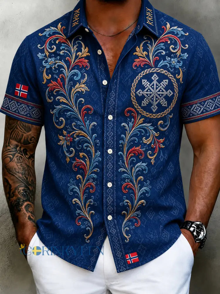 Herrskjorta i retro nordisk stil med norsk konsttryck avslappnad modell i bomull och lin - A / S