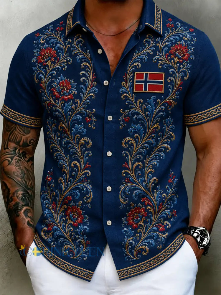 Herrskjorta i retro nordisk stil med norsk konsttryck avslappnad modell i bomull och lin - A / S