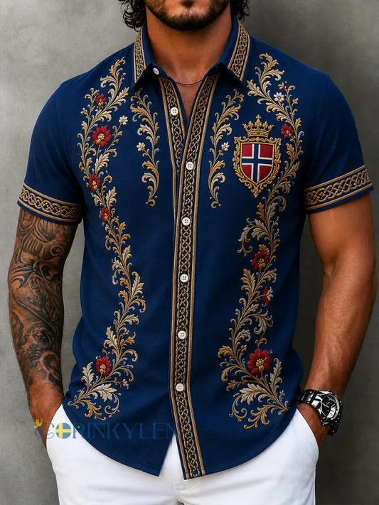 Herrskjorta i retro nordisk stil med norsk konsttryck avslappnad modell i bomull och lin - A / S