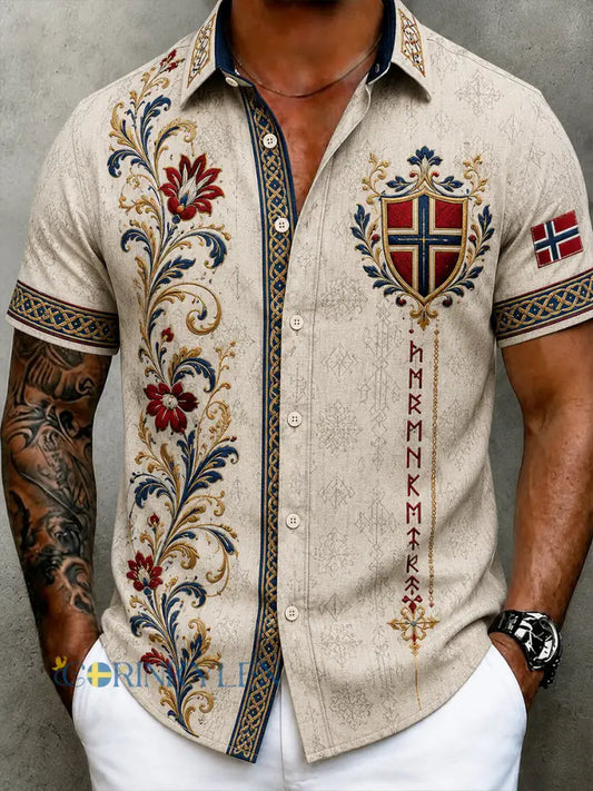 Herrskjorta i retro nordisk stil med norsk konsttryck avslappnad modell i bomull och lin - A / S