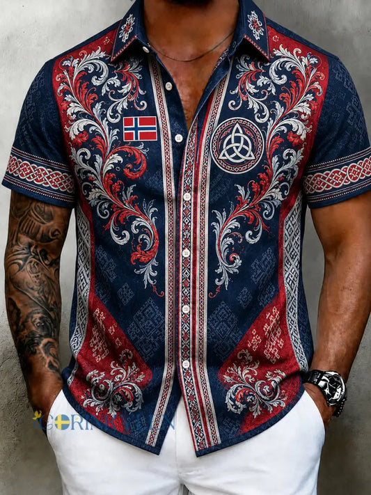 Herrskjorta i retro nordisk stil med norsk konsttryck avslappnad modell i bomull och lin - A / S