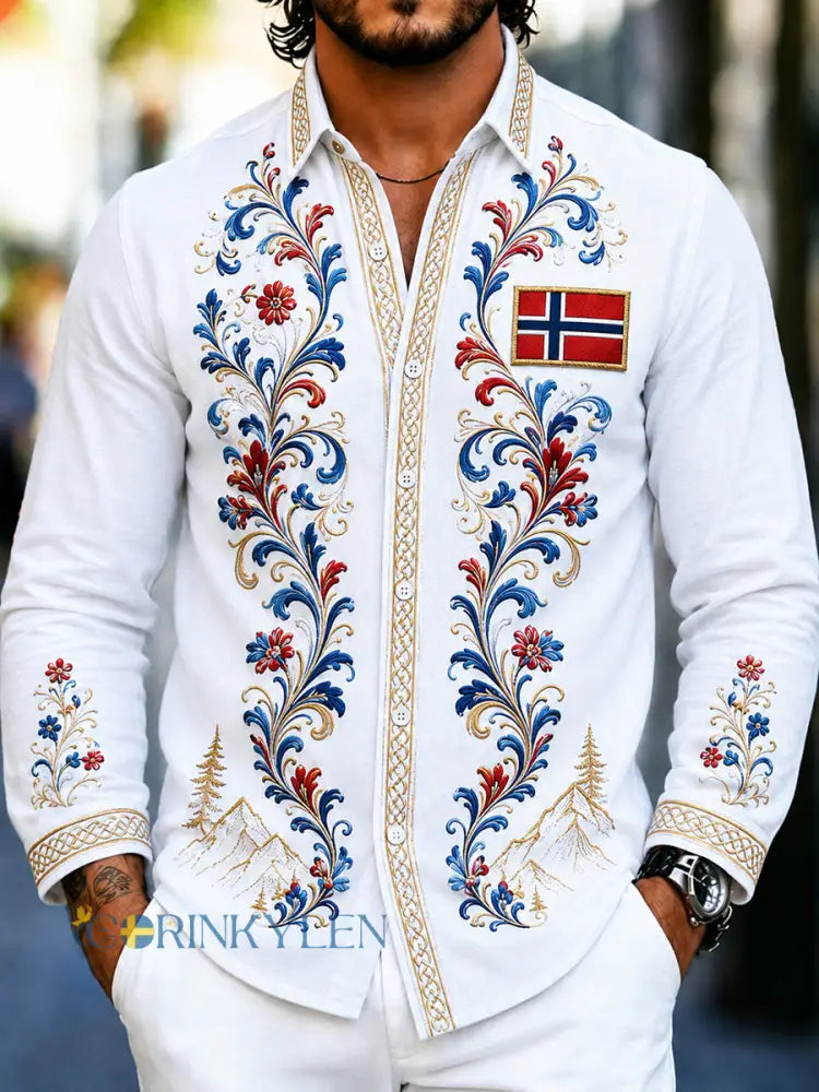 Herrskjorta i retro nordisk stil med norsk konsttryck avslappnad modell i bomull och lin - A / S