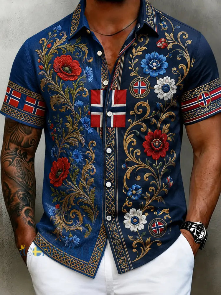 Herrskjorta i retro nordisk stil med norsk konsttryck avslappnad modell i bomull och lin - A / S