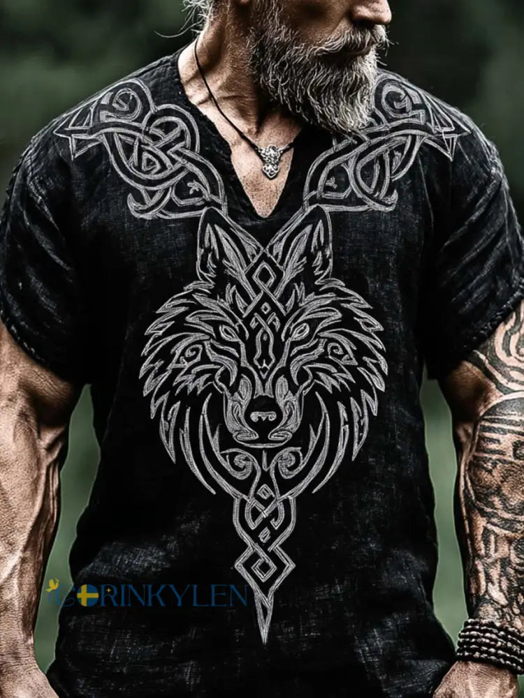 Herrskjorta i retrostil med nordisk mytologi och vikingamönster tryckt på bomull-linne - svart / S
