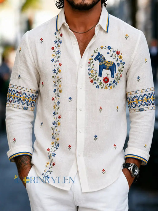 Herrskjorta i retrostil med svensk broderad blommönster midsommarart-print och avslappnad stil i bomull-linne - A / S