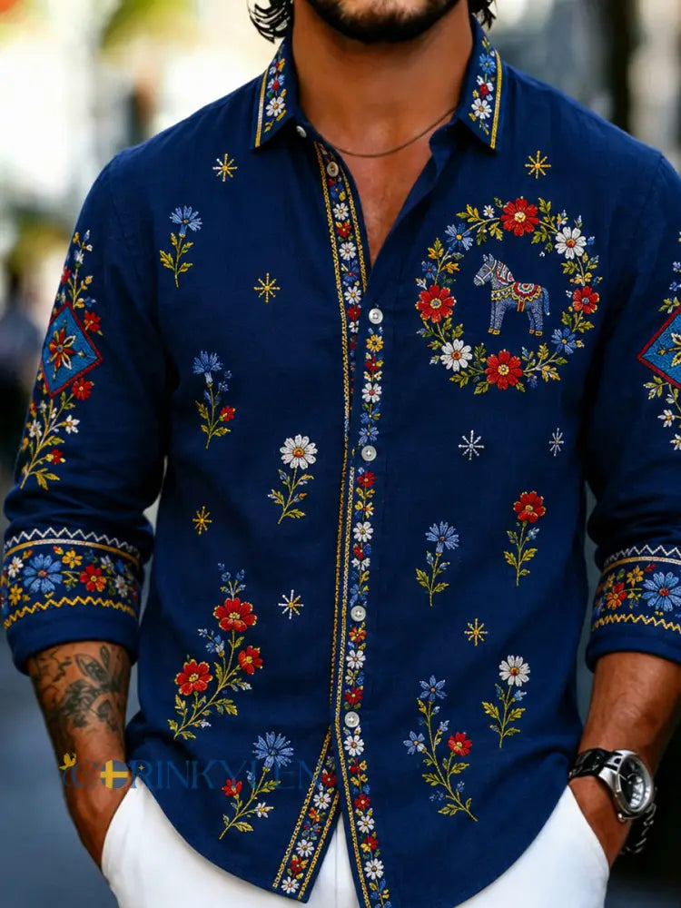 Herrskjorta i retrostil med svensk dalahäst och broderad blomsterkonst avslappnad stil - A / S
