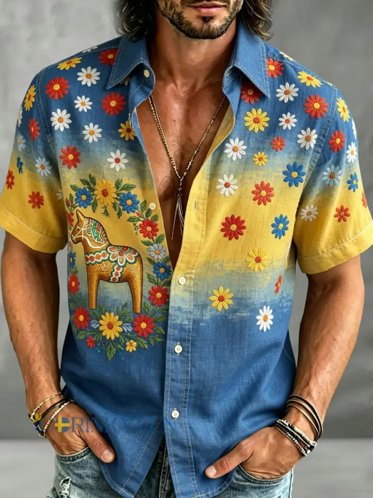 Herrskjorta i retrostil med svensk dalahäst och broderad blomsterkonst avslappnad stil - A / S