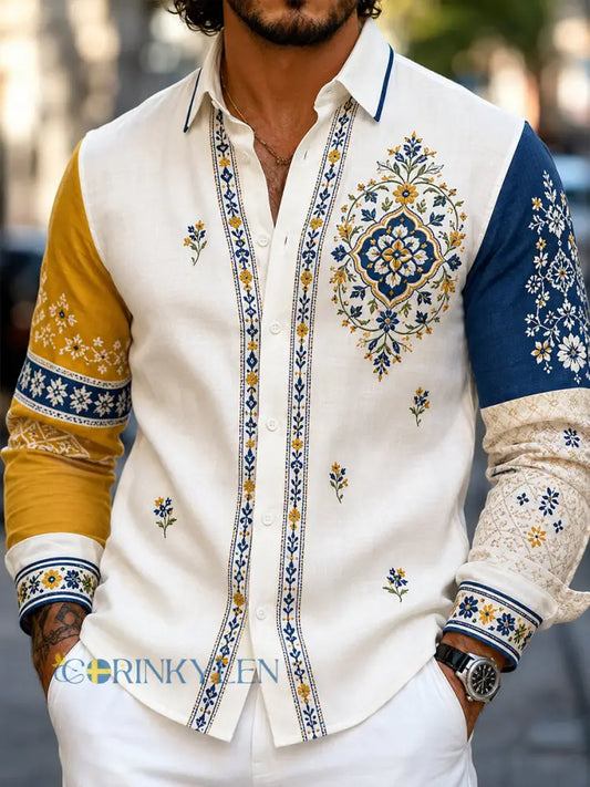 Herrskjorta i retrostil med svensk dalahäst och broderad blomsterkonst avslappnad stil - A / S