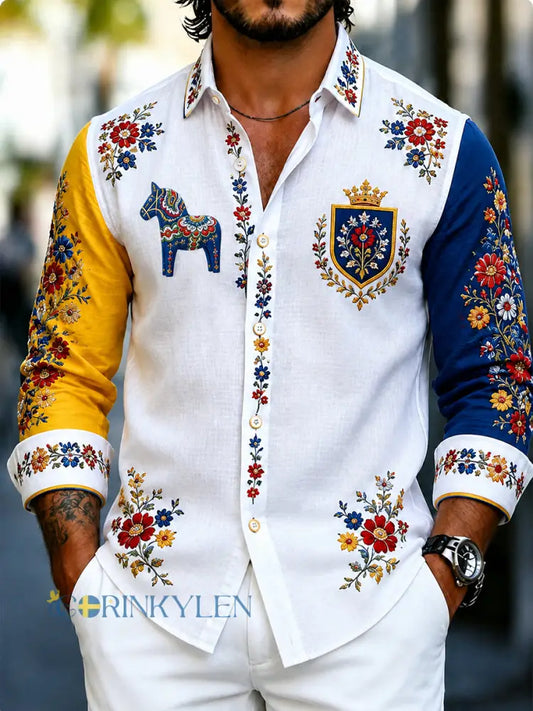 Herrskjorta i retrostil med svensk dalahäst och broderad blomsterkonst avslappnad stil - A / S