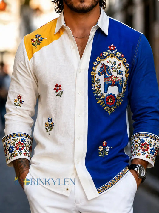 Herrskjorta i retrostil med svensk dalahäst och broderad blomsterkonst avslappnad stil - A / S