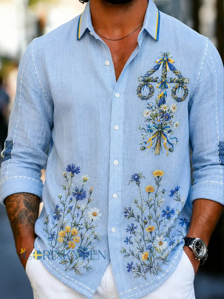 Herrskjorta i retrostil med svensk dalahäst och broderad blomsterkonst avslappnad stil - A / S