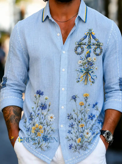 Herrskjorta i retrostil med svensk dalahäst och broderad blomsterkonst avslappnad stil - A / S