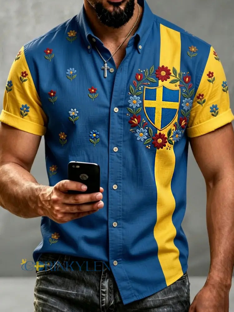 Herrskjorta i retrostil med svensk dalahäst och broderad blomsterkonst avslappnad stil - A / S