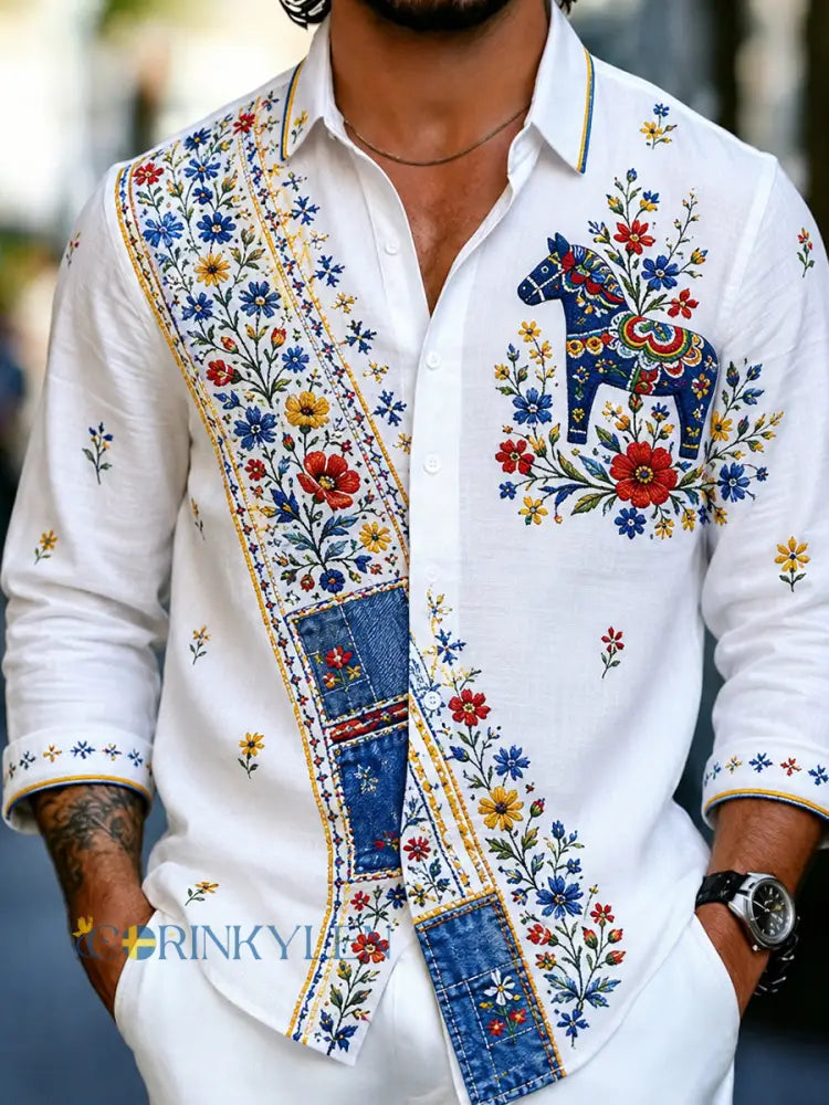 Herrskjorta i retrostil med svensk dalahäst och broderad blomsterkonst avslappnad stil - A / S