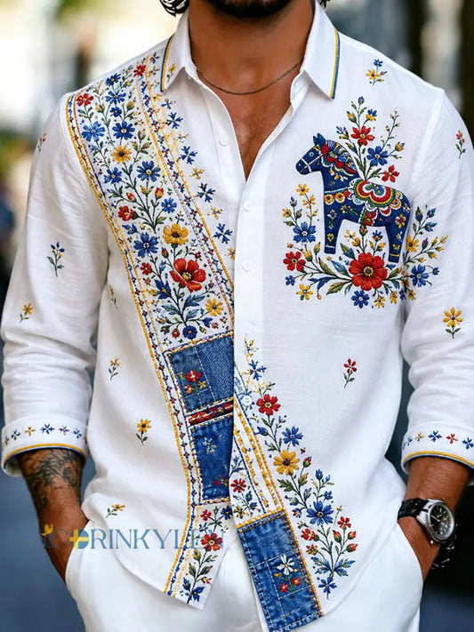 Herrskjorta i retrostil med svensk dalahäst och broderad blomsterkonst avslappnad stil - A / S