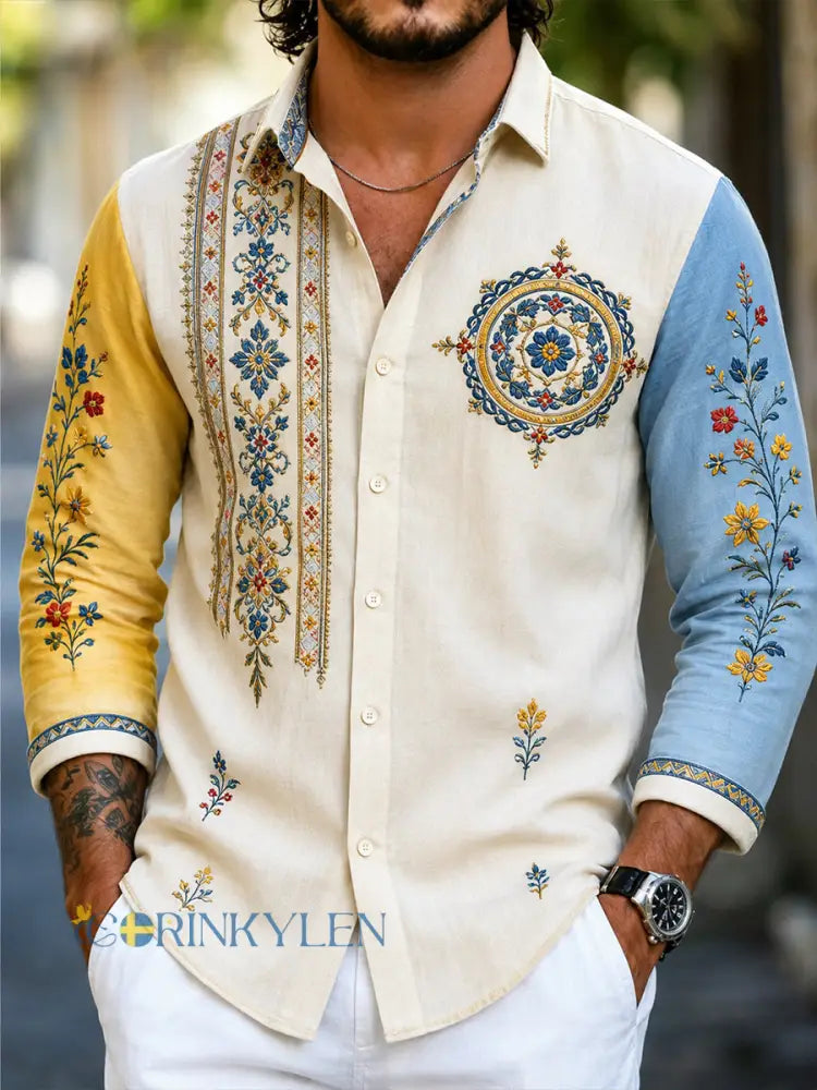 Herrskjorta i retrostil med svensk dalahäst och broderad blomsterkonst avslappnad stil - A / S