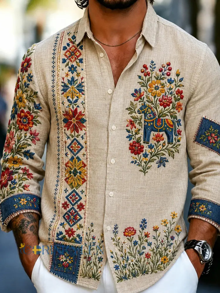 Herrskjorta i retrostil med svensk dalahäst och broderad blomsterkonst avslappnad stil - A / S