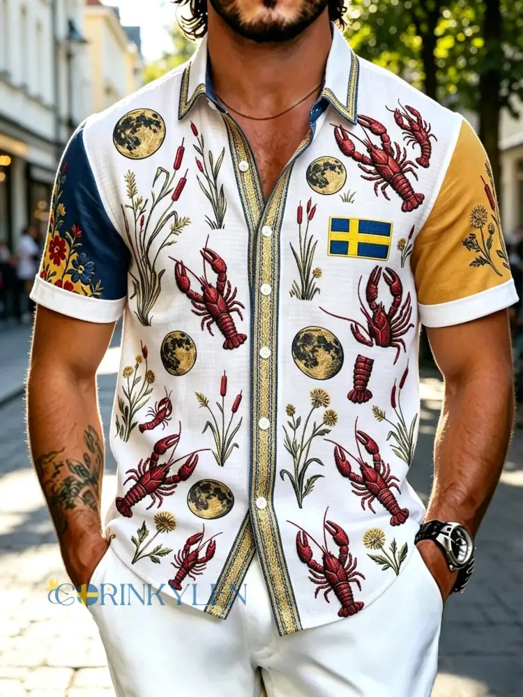 Herrskjorta i retrostil med svensk hummerfestivalmönster kortärmad i bomull-linne - vitt / S