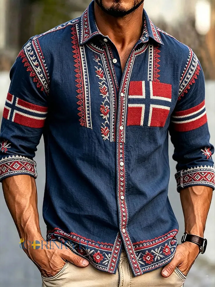 Herrskjorta i skandinavisk stil med norsk print i linntyg - blå sjöfart / S