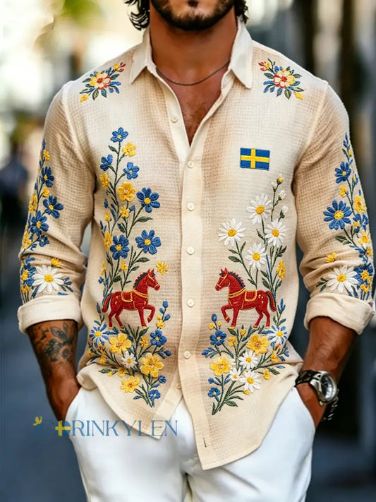 Herrskjorta i våffelstickat med långa ärmar och blommönster samt gunghästtryck - A / S
