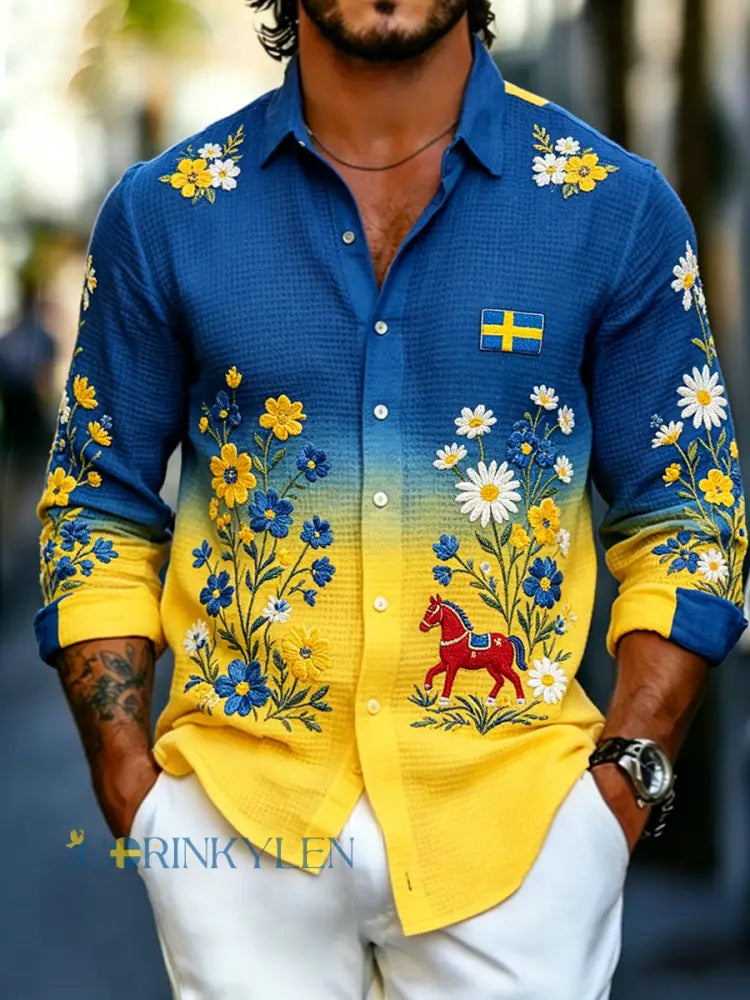 Herrskjorta i våffelstickat med långa ärmar och blommönster samt gunghästtryck - A / S