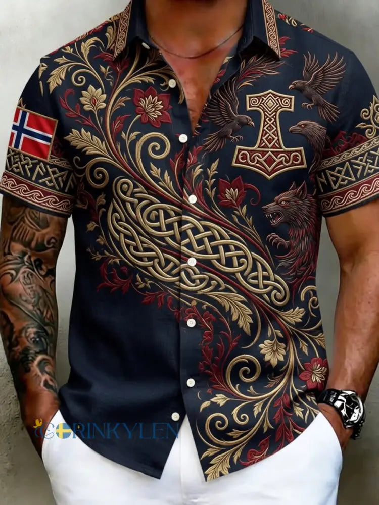 Herrskjorta i vintage-scandinavisk stil i bomull-linne med norsk konsttryck - A / S