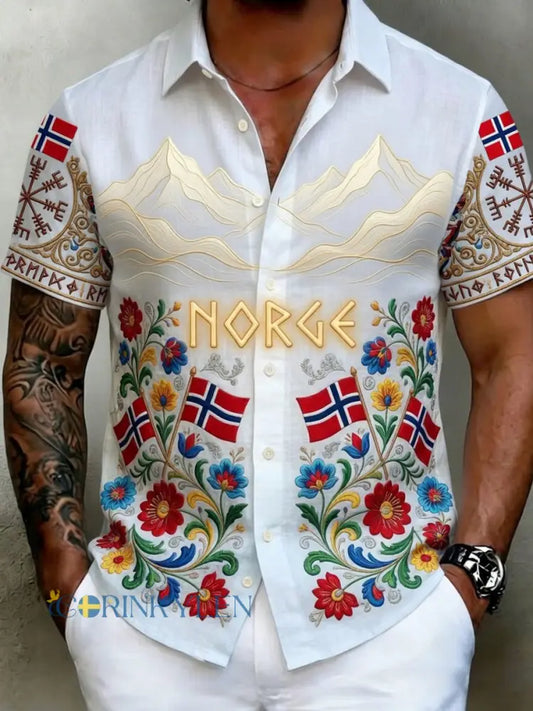 Herrskjorta i vintage-scandinavisk stil i bomull-linne med norsk konsttryck - A / S