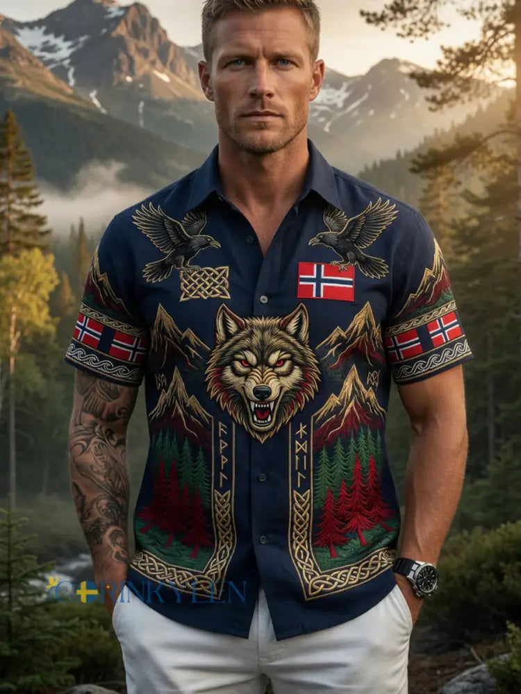 Herrskjorta i vintage-scandinavisk stil i bomull-linne med norsk konsttryck - A / S