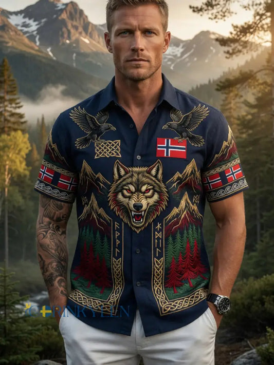 Herrskjorta i vintage-scandinavisk stil i bomull-linne med norsk konsttryck - A / S