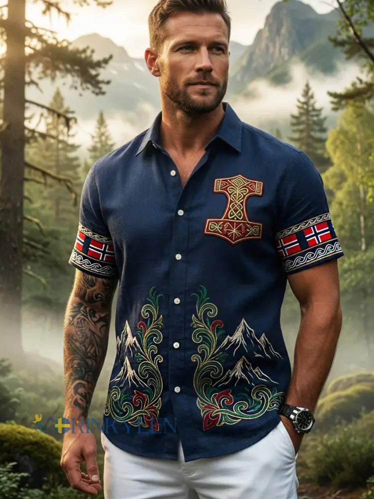 Herrskjorta i vintage-scandinavisk stil i bomull-linne med norsk konsttryck - A / S