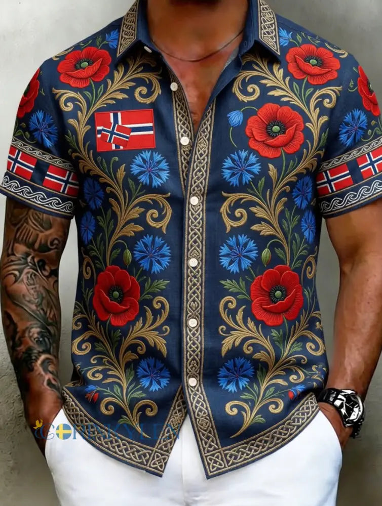 Herrskjorta i vintagestil med skandinaviskt uttryck tillverkad i bomull och linne med norsk konstprint - A / S