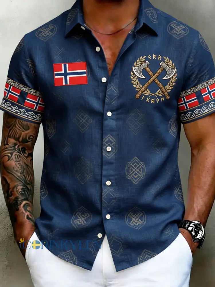 Herrskjorta i vintagestil med skandinaviskt uttryck tillverkad i bomull och linne med norsk konstprint - A / S