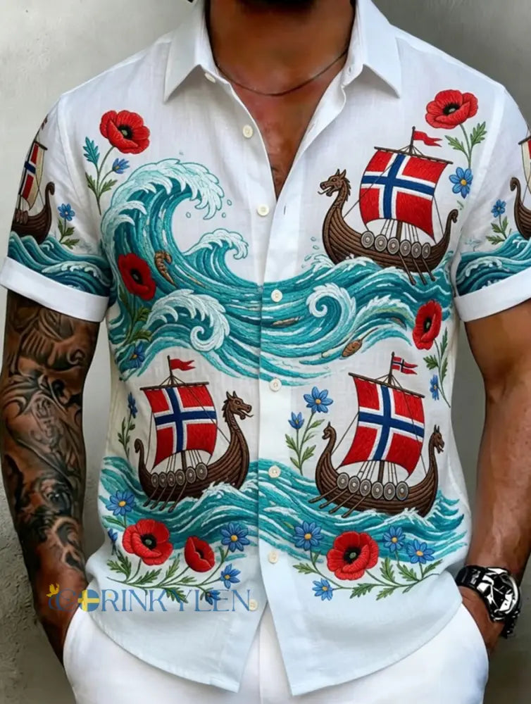 Herrskjorta i vintagestil med skandinaviskt uttryck tillverkad i bomull och linne med norsk konstprint - A / S