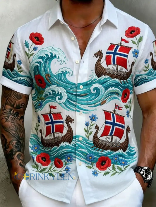 Herrskjorta i vintagestil med skandinaviskt uttryck tillverkad i bomull och linne med norsk konstprint - A / S