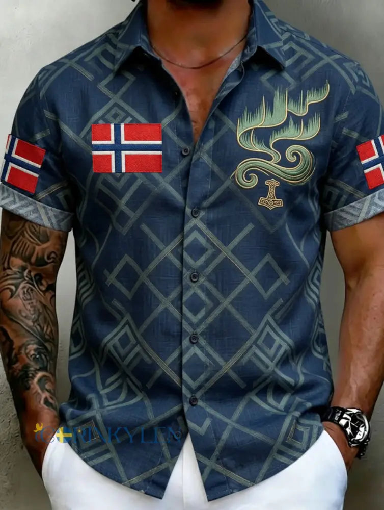 Herrskjorta i vintagestil med skandinaviskt uttryck tillverkad i bomull och linne med norsk konstprint - A / S