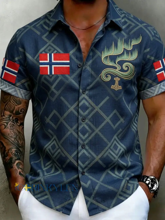 Herrskjorta i vintagestil med skandinaviskt uttryck tillverkad i bomull och linne med norsk konstprint - A / S