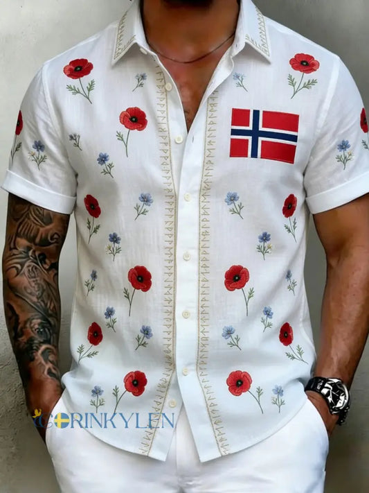 Herrskjorta i vintagestil med skandinaviskt uttryck tillverkad i bomull och linne med norsk konstprint - A / S