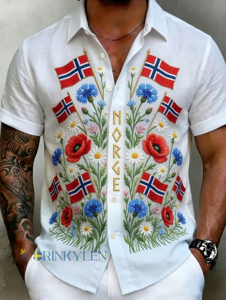 Herrskjorta i vintagestil med skandinaviskt uttryck tillverkad i bomull och linne med norsk konstprint - A / S