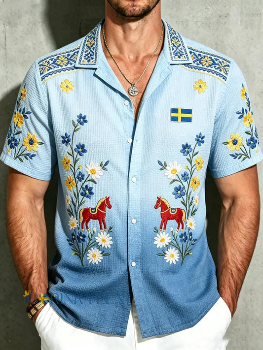 Herrskjorta i waffelstickat tyg med blommönster och riddhästtryck kortärmad - A / S