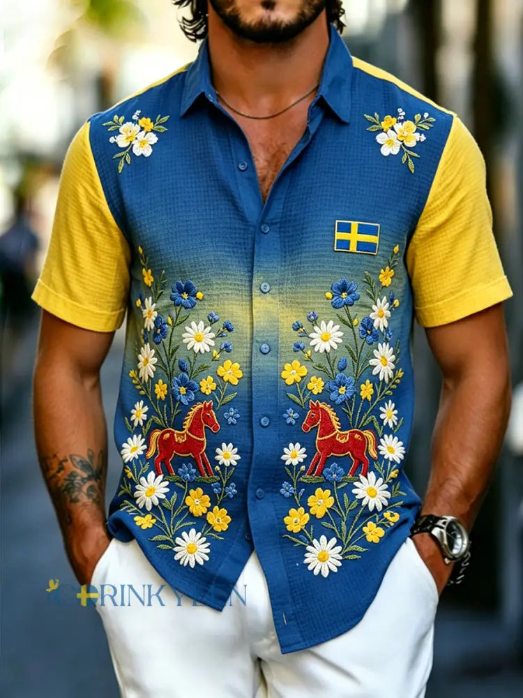 Herrskjorta i waffelstickat tyg med blommönster och riddhästtryck kortärmad - A / S
