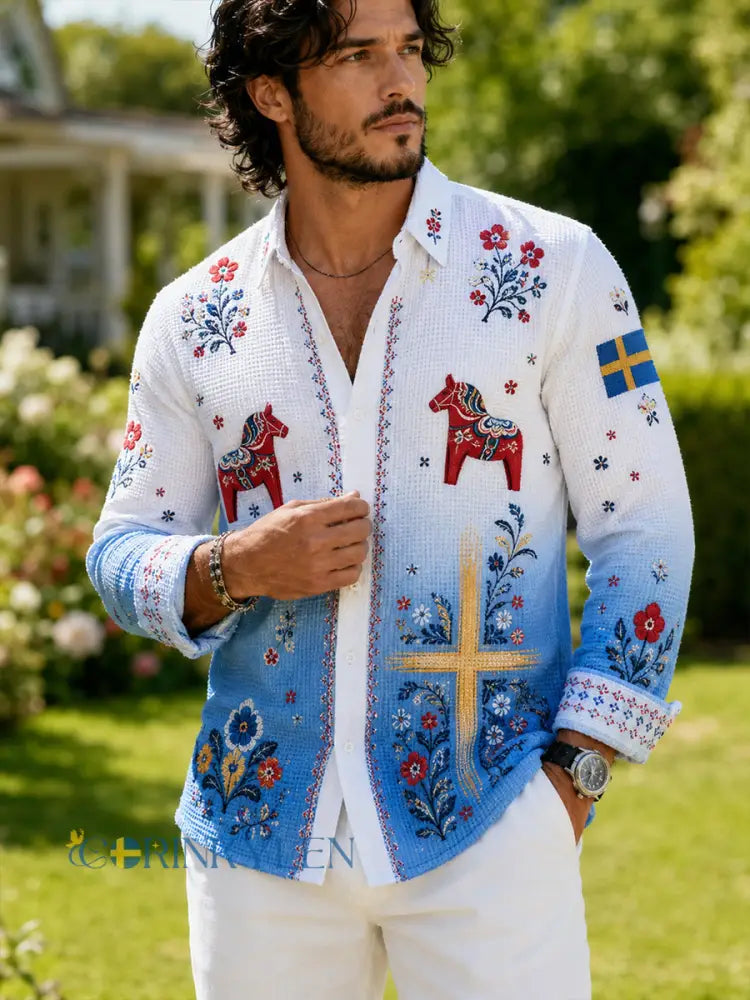 Herrskjorta i waffeltyg med midsommarblommönster och lång ärm - A / S