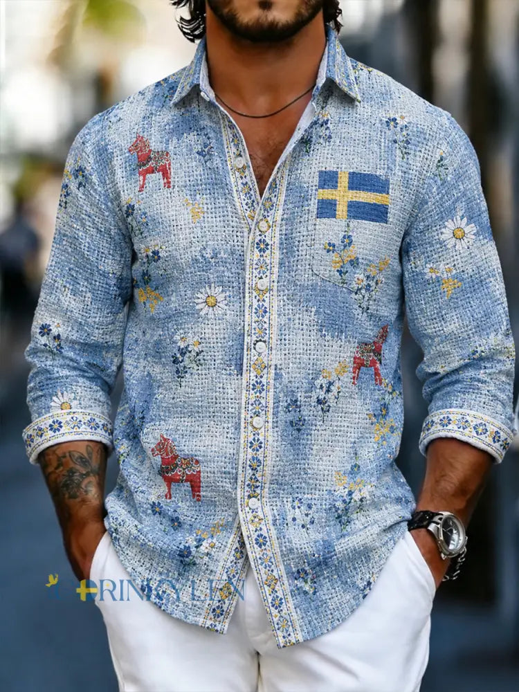 Herrskjorta i waffelväv med midsommarblommönster och lång ärm för vardagsbruk - A / S