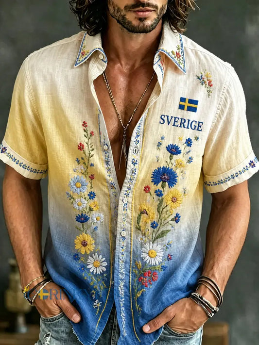 Herrskjorta med konsttryck för den svenska midsommarfesten kortärmad - A / S