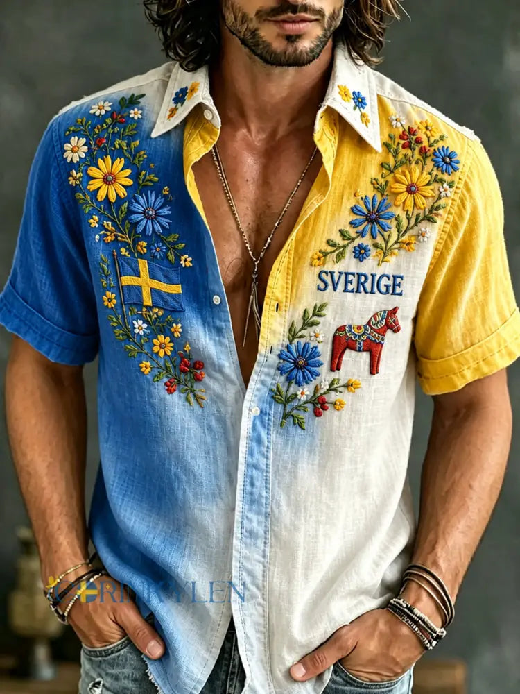 Herrskjorta med konsttryck för den svenska midsommarfesten kortärmad - A / S